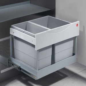 Kosz na śmieci PODWÓJNY do szafki min. 600 mm, Hailo Raumspar-Tandem TR Swing 3644-80, 1 x 12 i 1 x 18 litrów z zabierakiem HÄFELE 502.70.214
